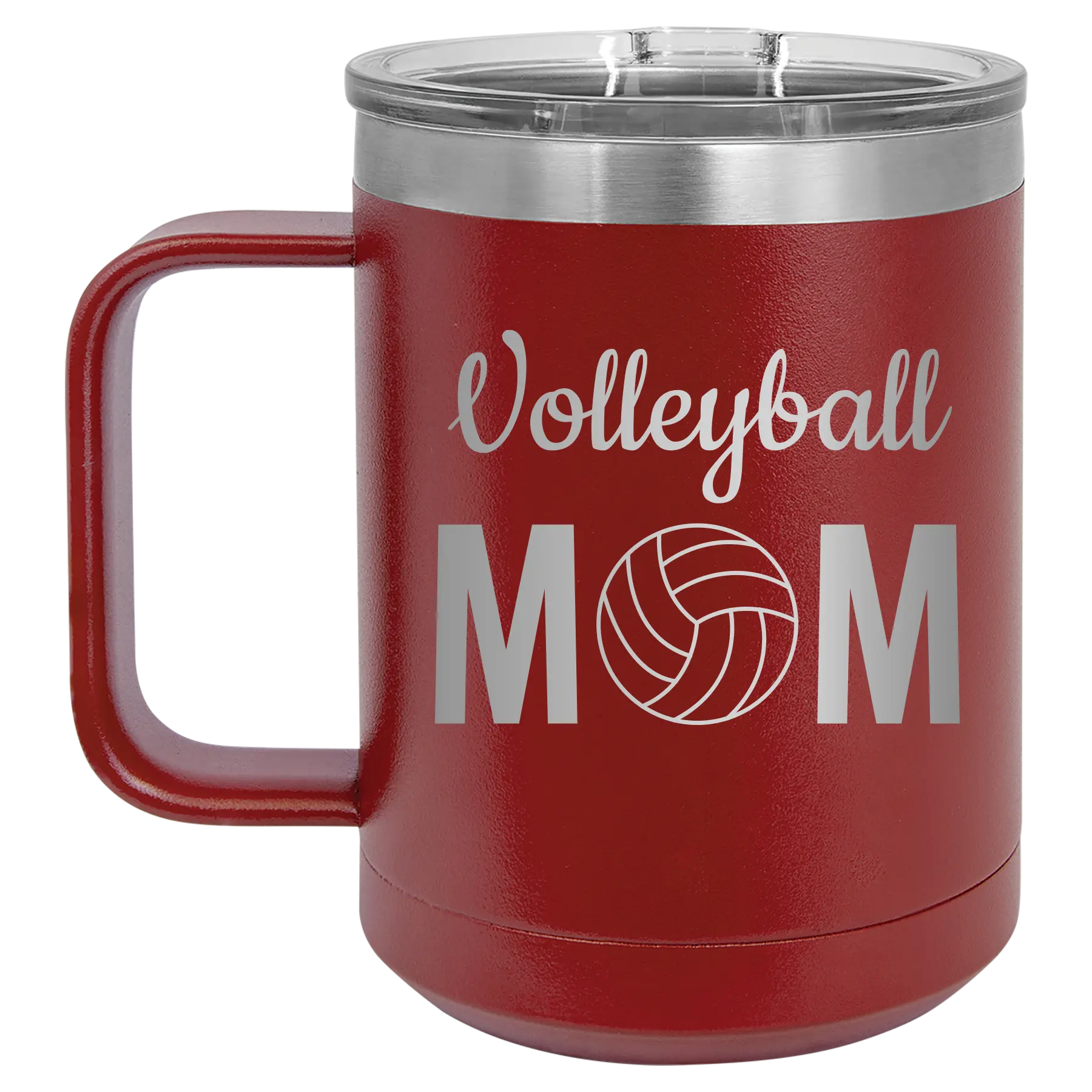 Laser etched maroon 15 oz vacuum insulated coffee mug with 'Mom Volleyball2' design