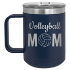 Laser etched navy 15 oz vacuum insulated coffee mug with 'Mom Volleyball2' design