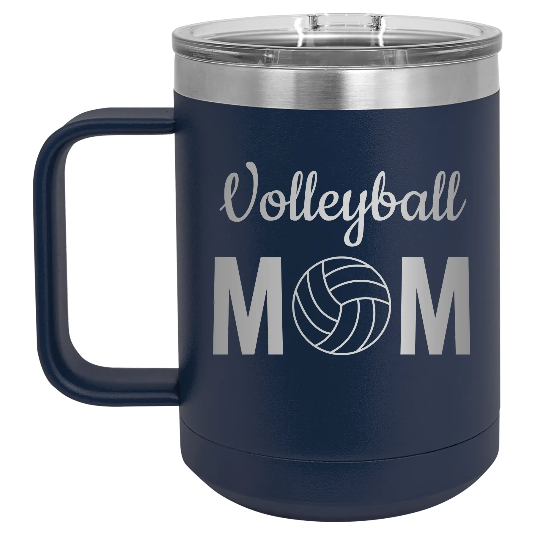 Laser etched navy 15 oz vacuum insulated coffee mug with 'Mom Volleyball2' design