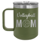 Laser etched olive green 15 oz vacuum insulated coffee mug with 'Mom Volleyball2' design