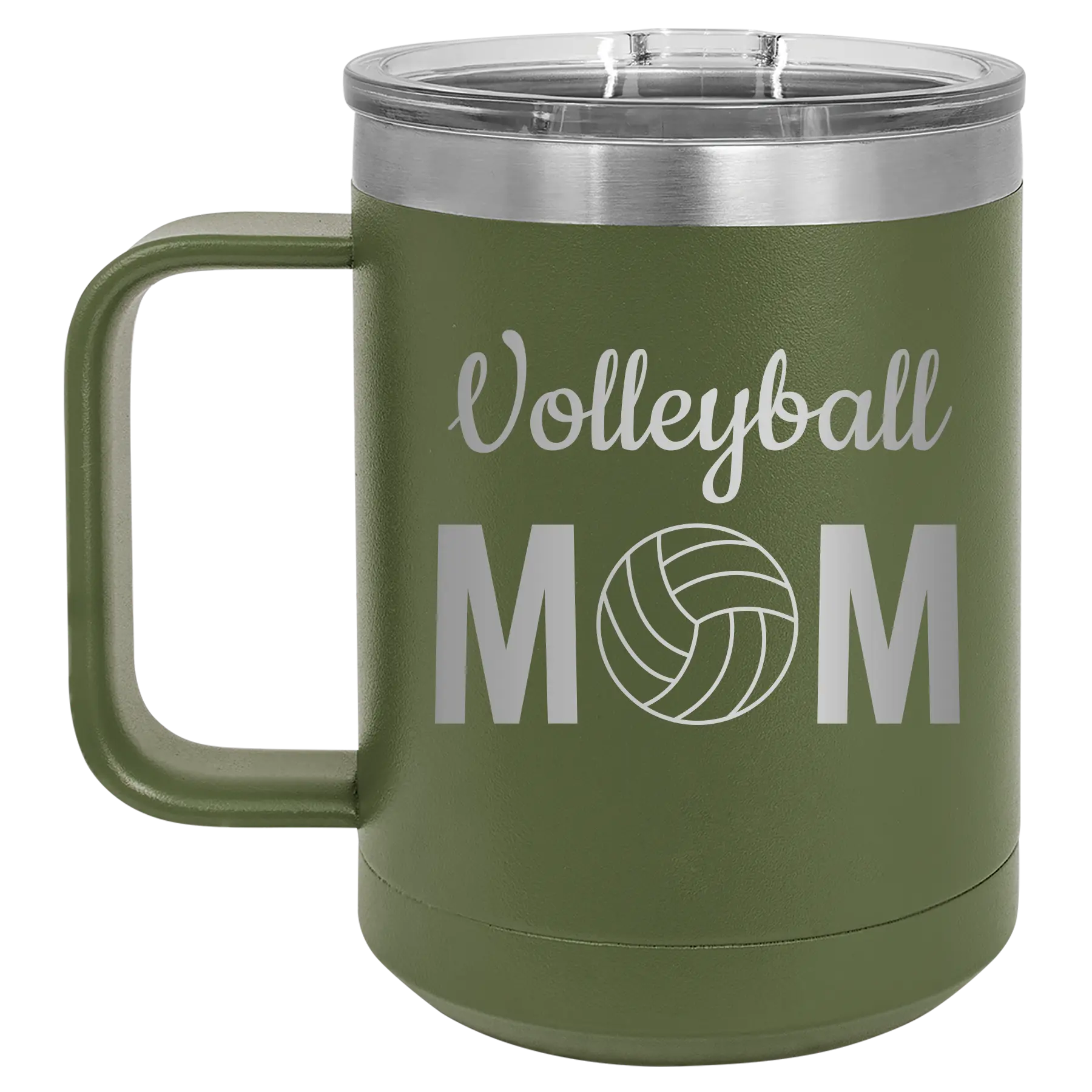 Laser etched olive green 15 oz vacuum insulated coffee mug with 'Mom Volleyball2' design