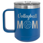Laser etched royal blue 15 oz vacuum insulated coffee mug with 'Mom Volleyball2' design