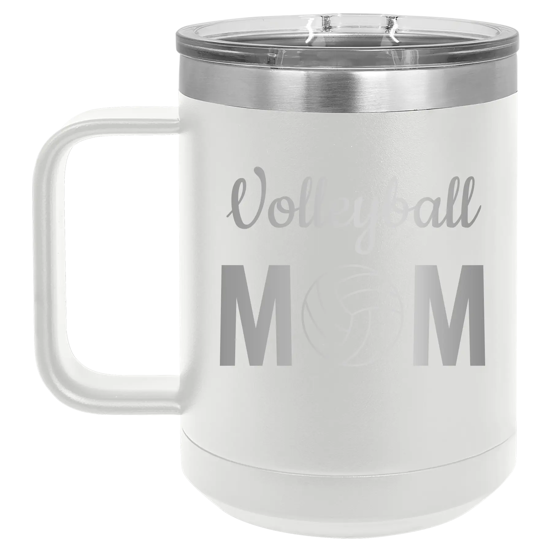 Laser etched white 15 oz vacuum insulated coffee mug with 'Mom Volleyball2' design