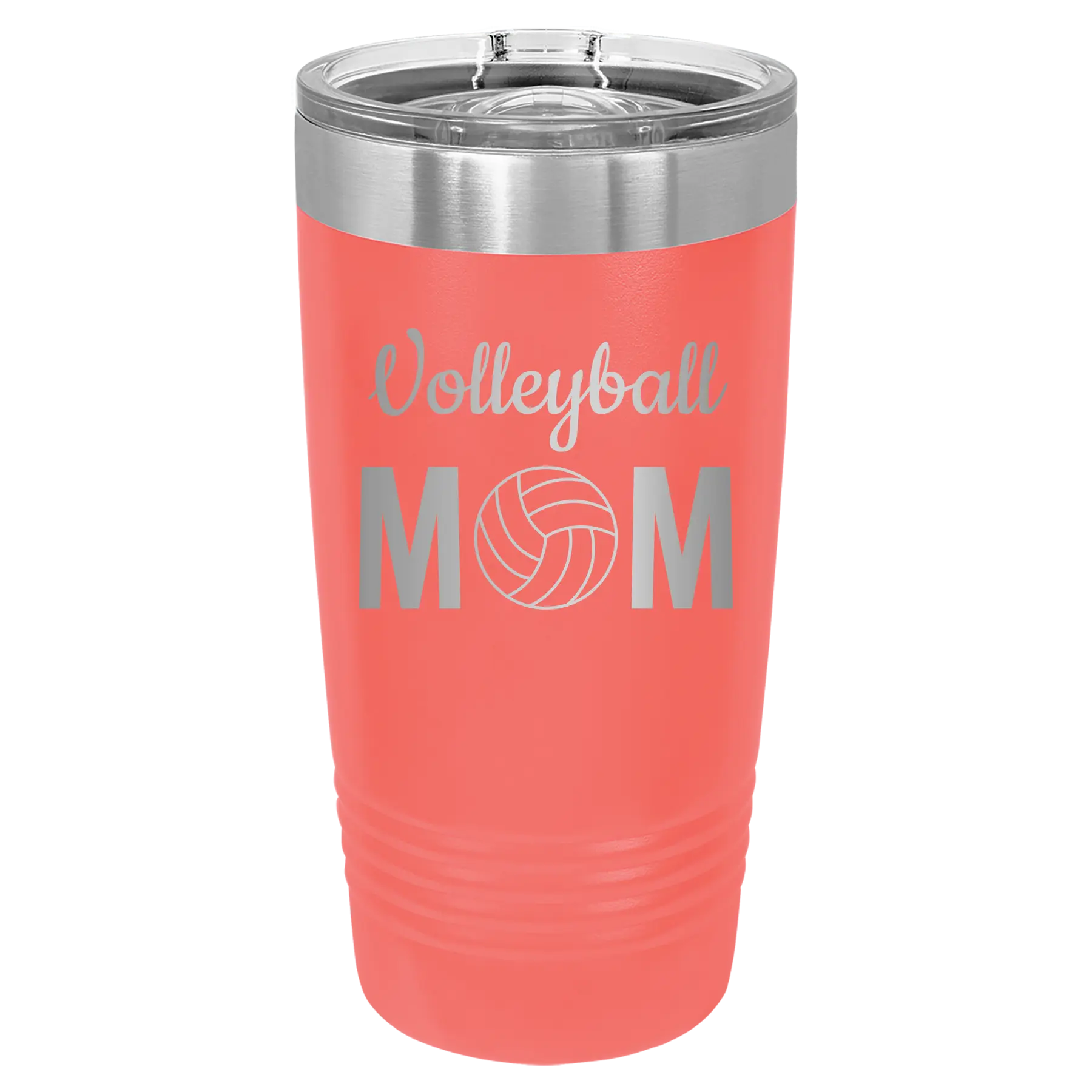 Laser etched coral 20 oz vacuum insulated tumbler with 'Mom Volleyball2' design
