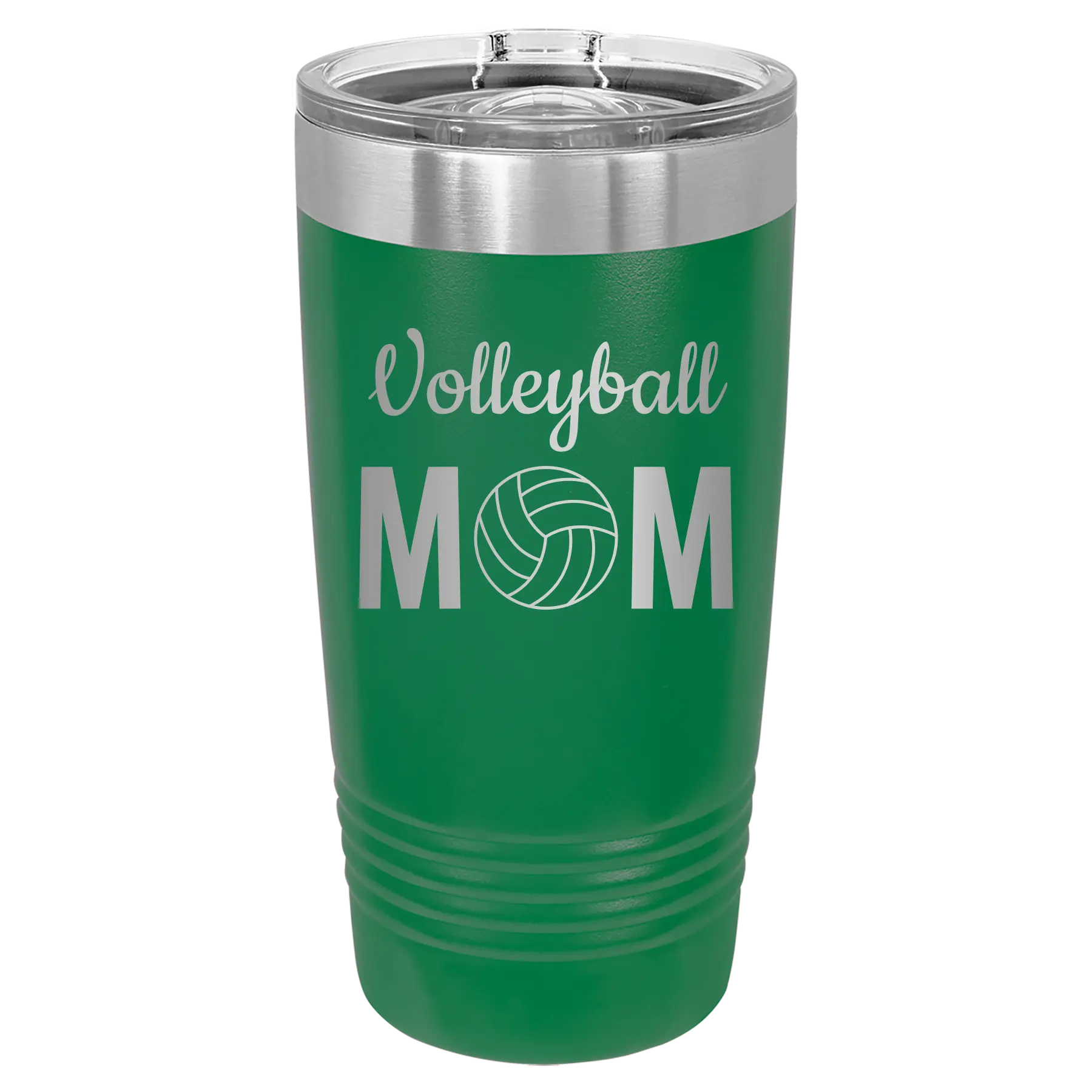 Laser etched green 20 oz vacuum insulated tumbler with 'Mom Volleyball2' design