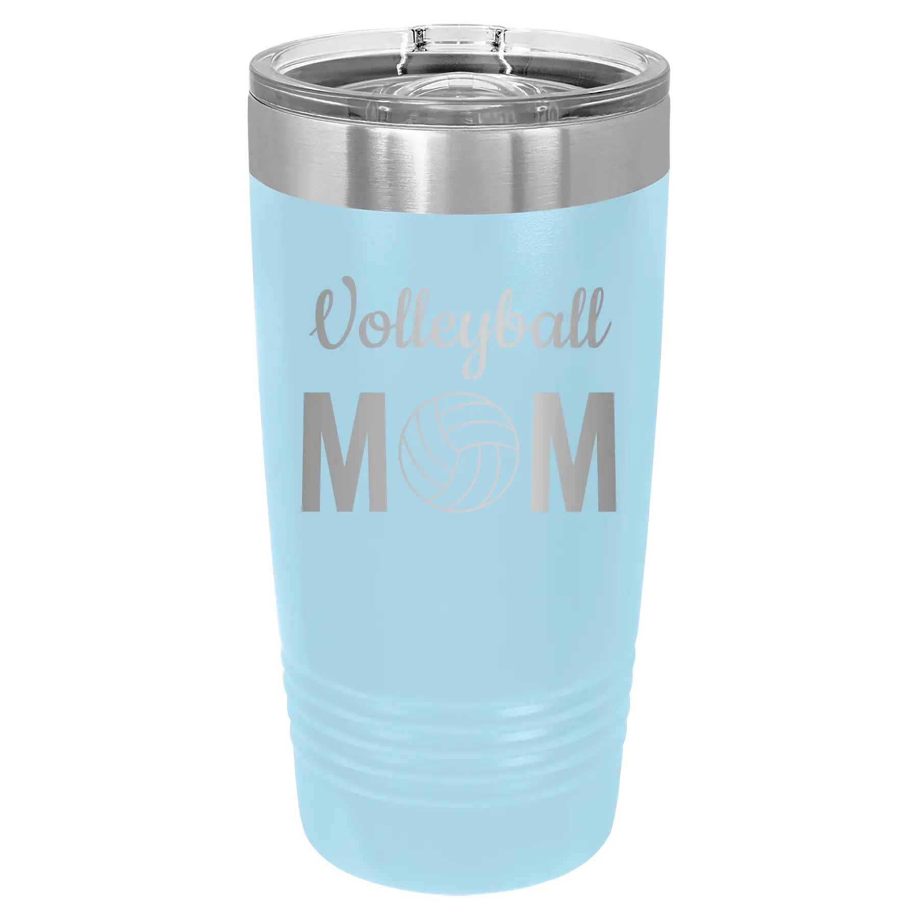 Laser etched light blue 20 oz vacuum insulated tumbler with 'Mom Volleyball2' design
