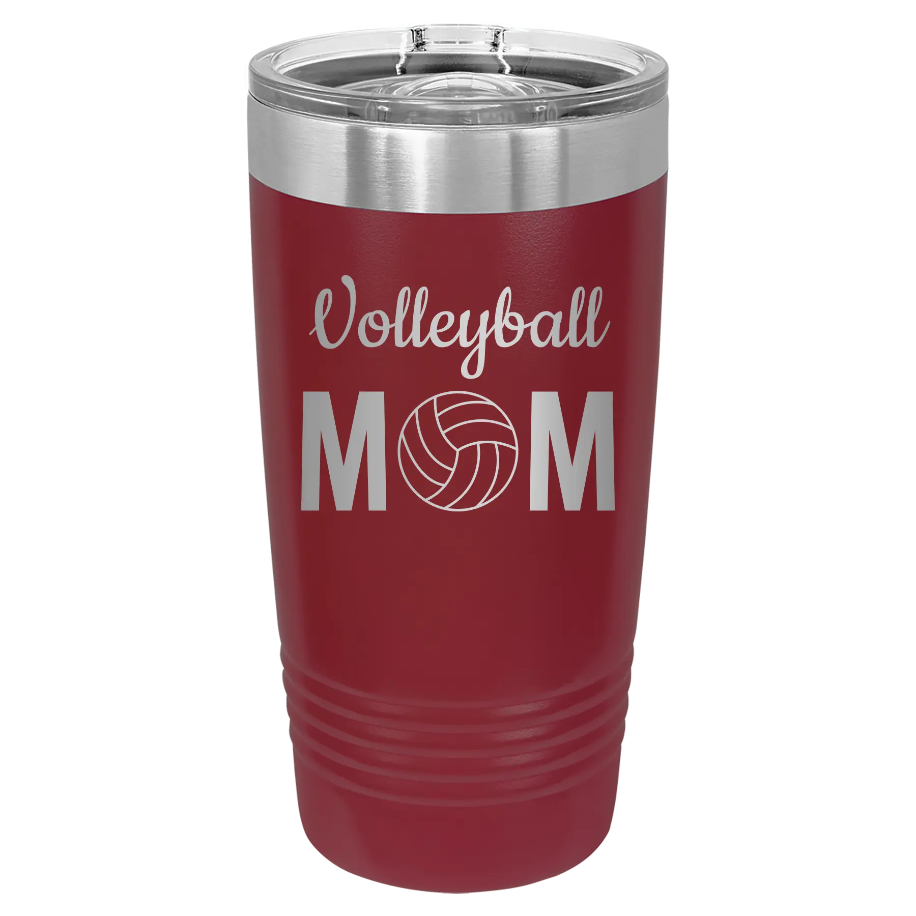 Laser etched maroon 20 oz vacuum insulated tumbler with 'Mom Volleyball2' design