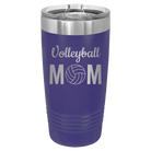 Laser etched purple 20 oz vacuum insulated tumbler with 'Mom Volleyball2' design