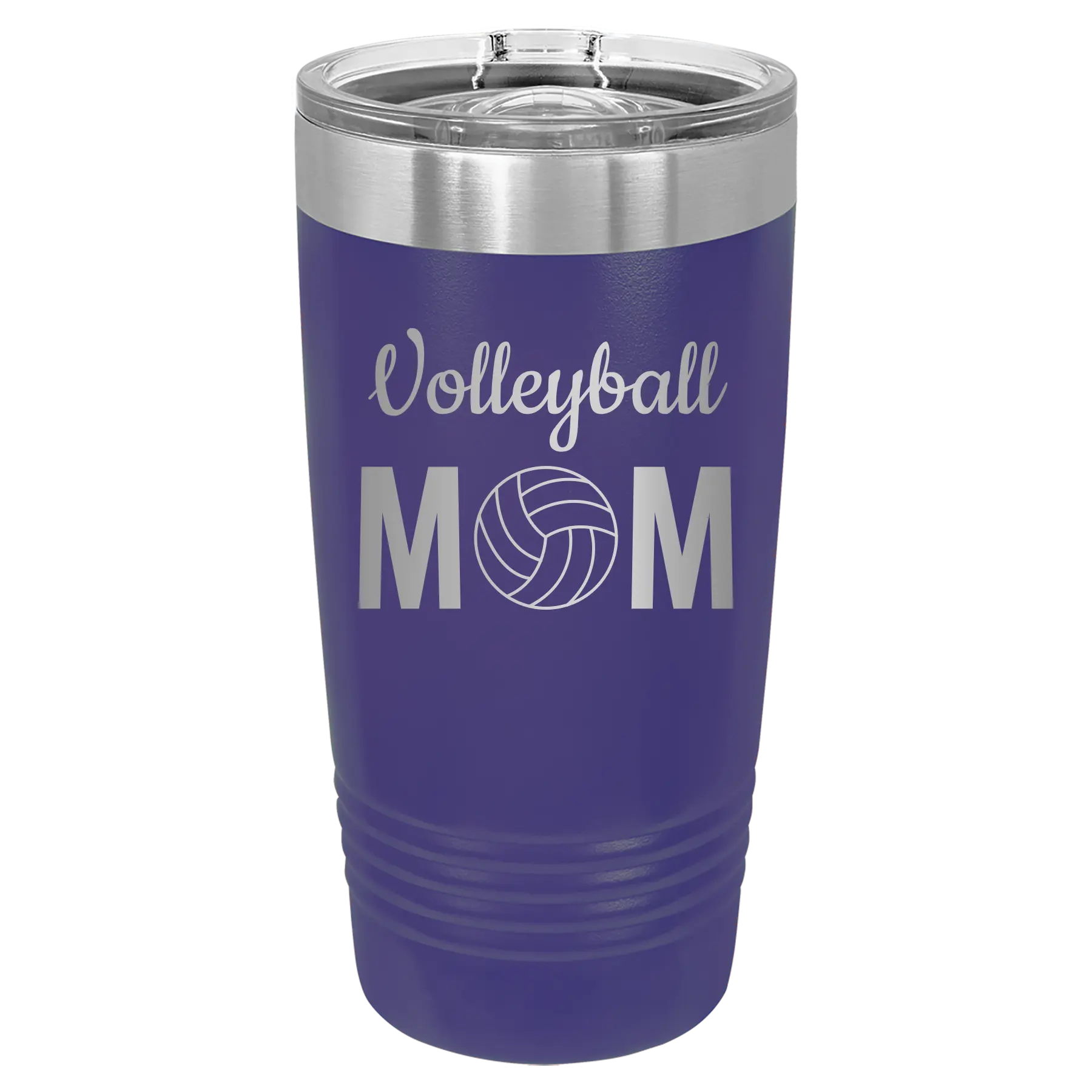 Laser etched purple 20 oz vacuum insulated tumbler with 'Mom Volleyball2' design