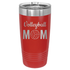 Laser etched red 20 oz vacuum insulated tumbler with 'Mom Volleyball2' design