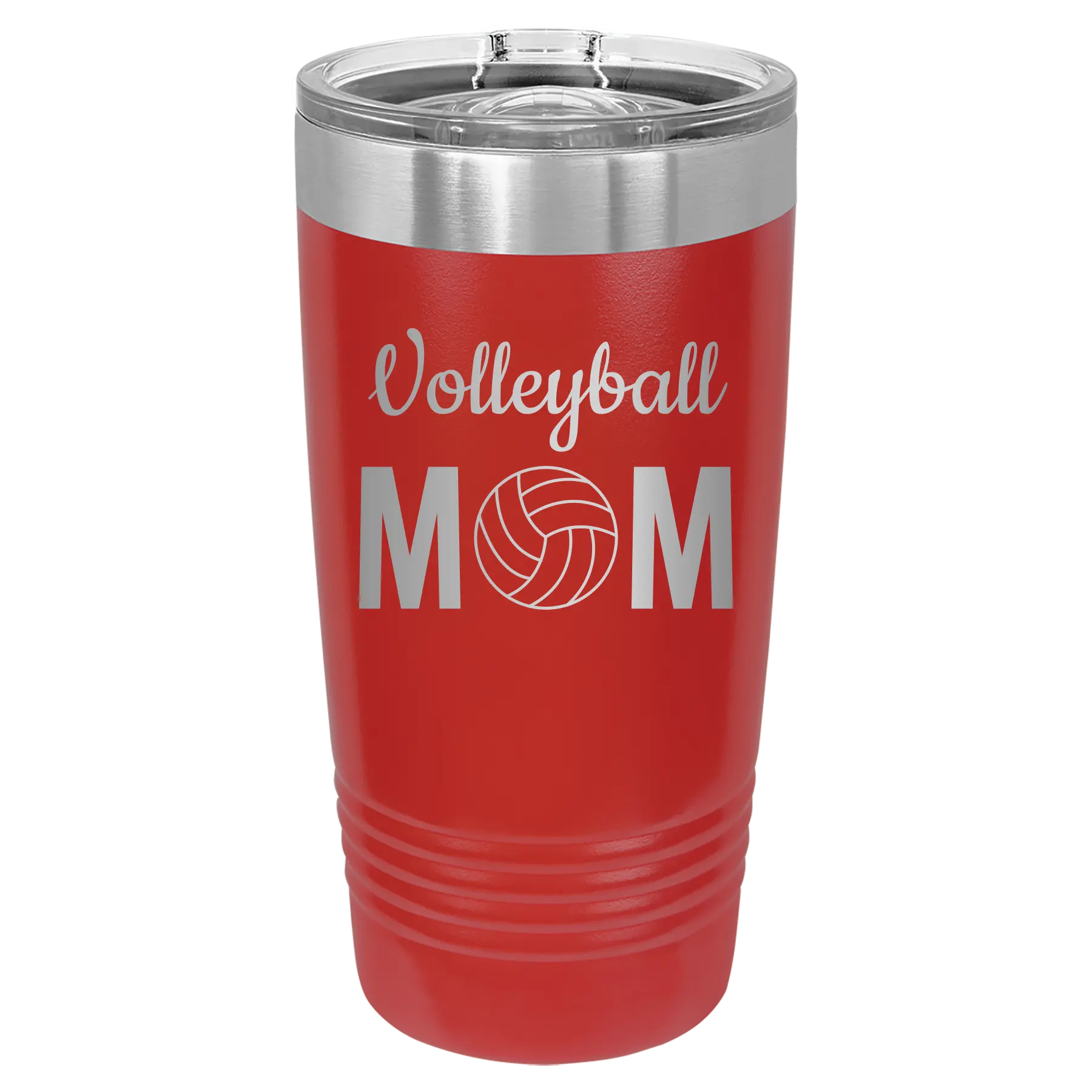 Laser etched red 20 oz vacuum insulated tumbler with 'Mom Volleyball2' design