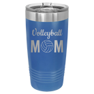 Laser etched royal blue 20 oz vacuum insulated tumbler with 'Mom Volleyball2' design