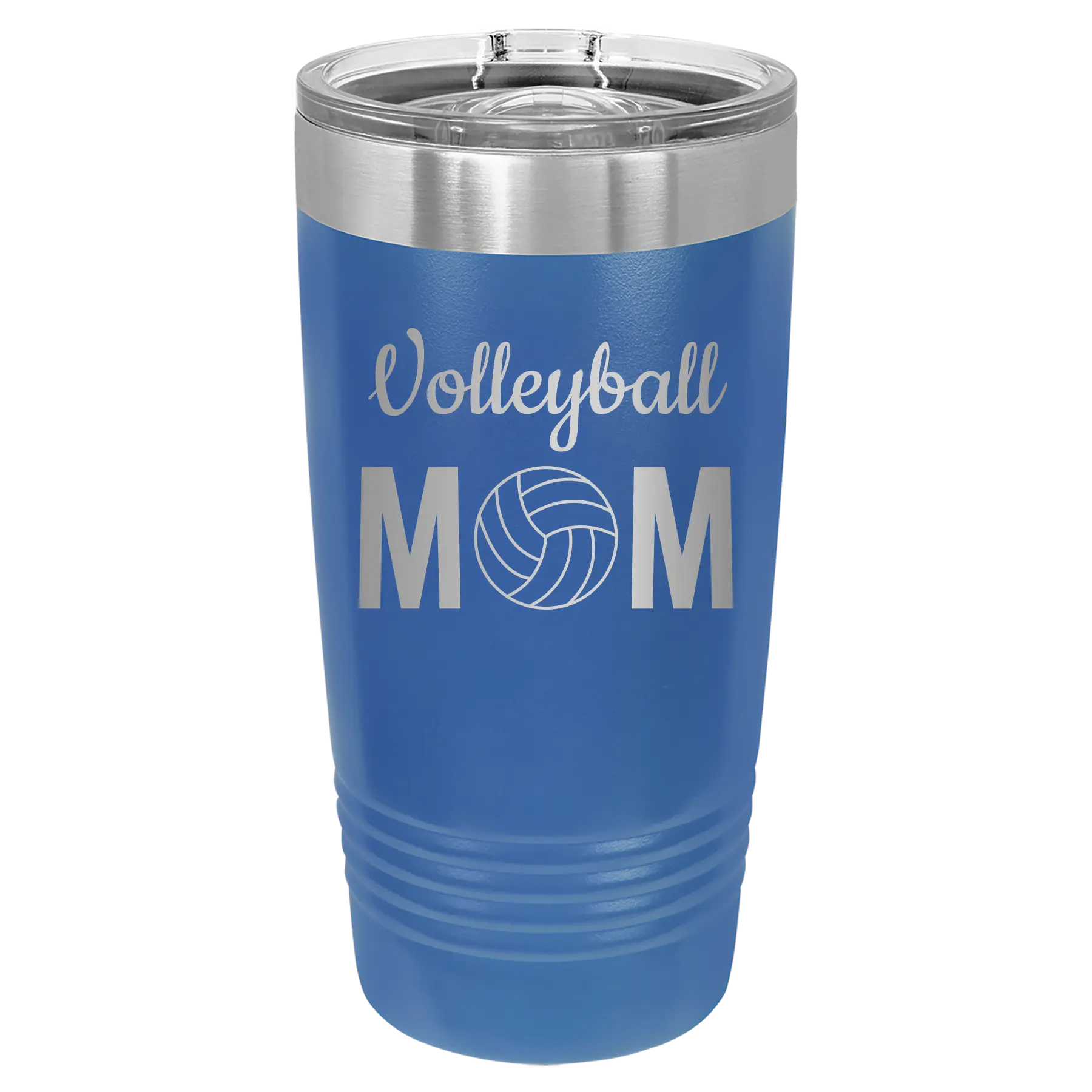 Laser etched royal blue 20 oz vacuum insulated tumbler with 'Mom Volleyball2' design