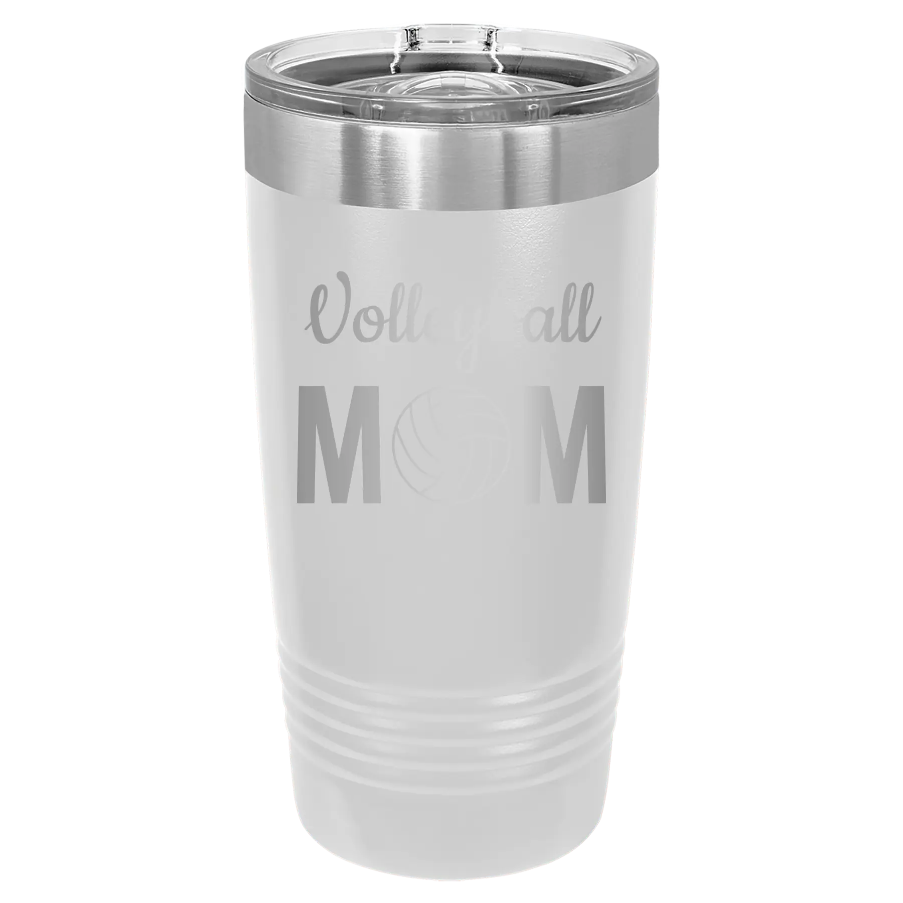Laser etched white 20 oz vacuum insulated tumbler with 'Mom Volleyball2' design
