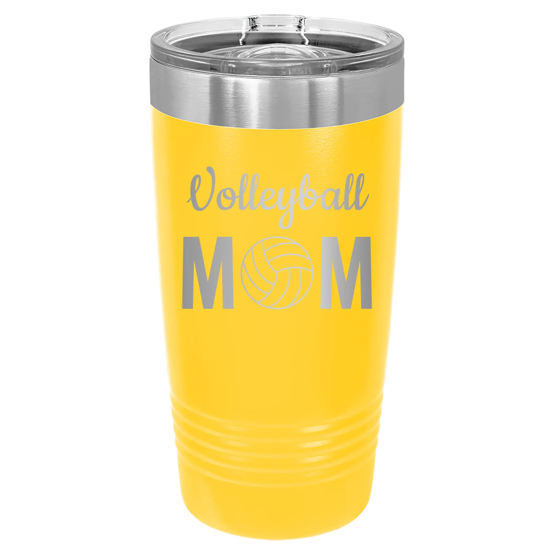 Laser etched yellow 20 oz vacuum insulated tumbler with 'Mom Volleyball2' design