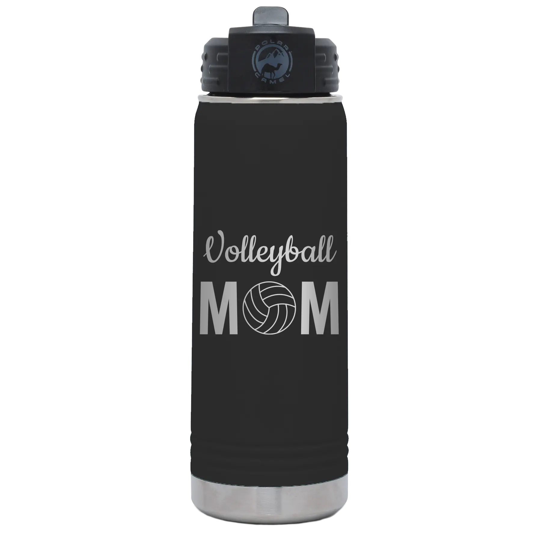 Laser etched black 20 oz vacuum insulated water bottle with 'Mom Volleyball2' design
