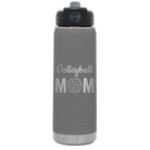 Laser etched dark gray 20 oz vacuum insulated water bottle with 'Mom Volleyball2' design
