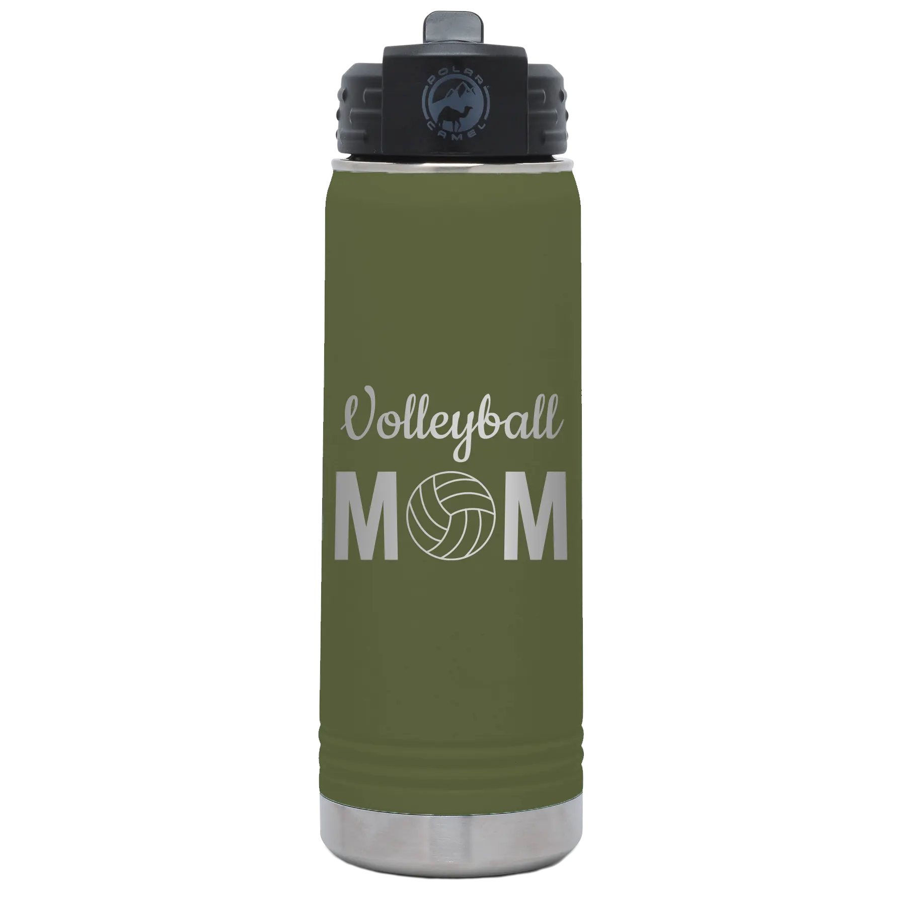 Laser etched olive green 20 oz vacuum insulated water bottle with 'Mom Volleyball2' design
