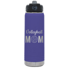 Laser etched purple 20 oz vacuum insulated water bottle with 'Mom Volleyball2' design