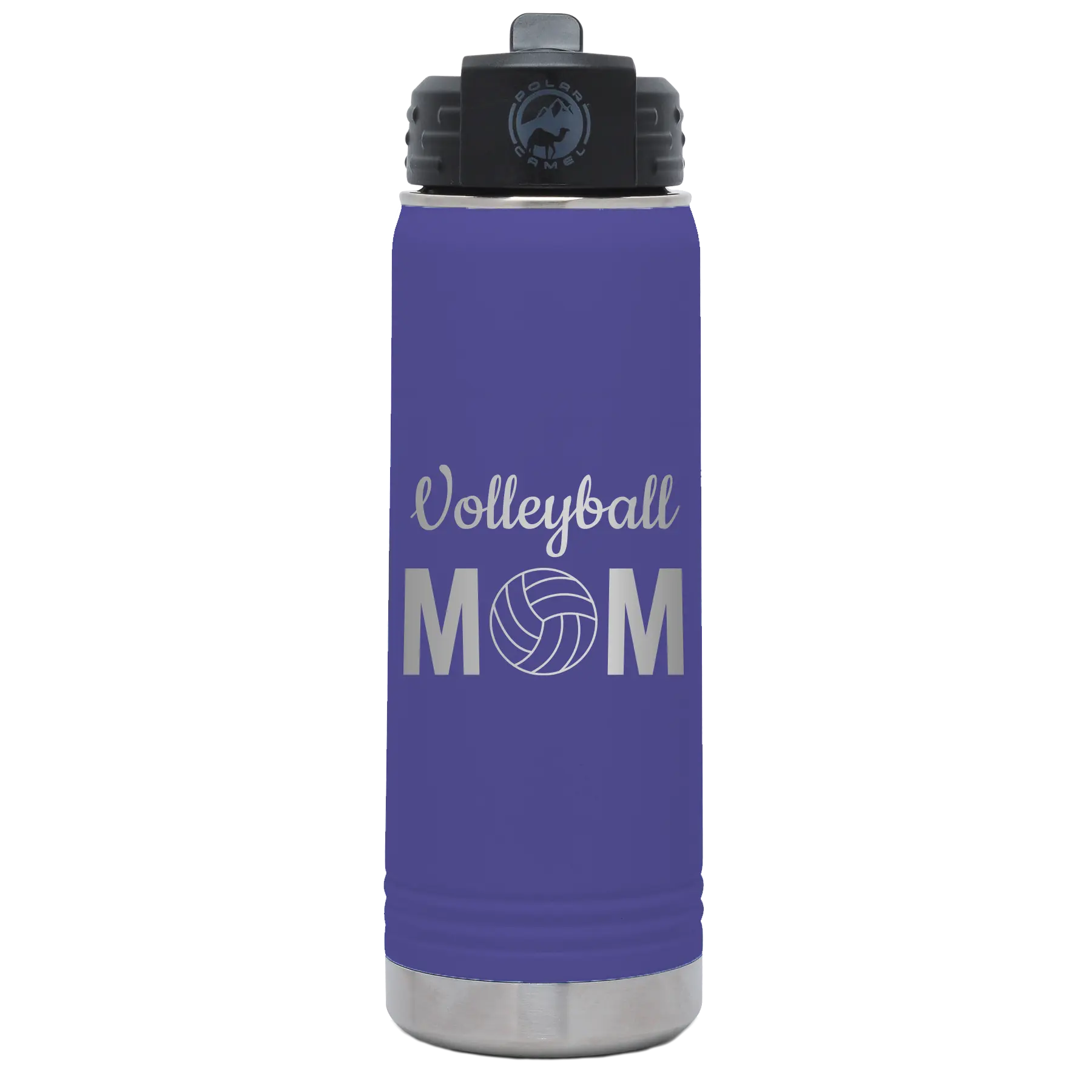 Laser etched purple 20 oz vacuum insulated water bottle with 'Mom Volleyball2' design