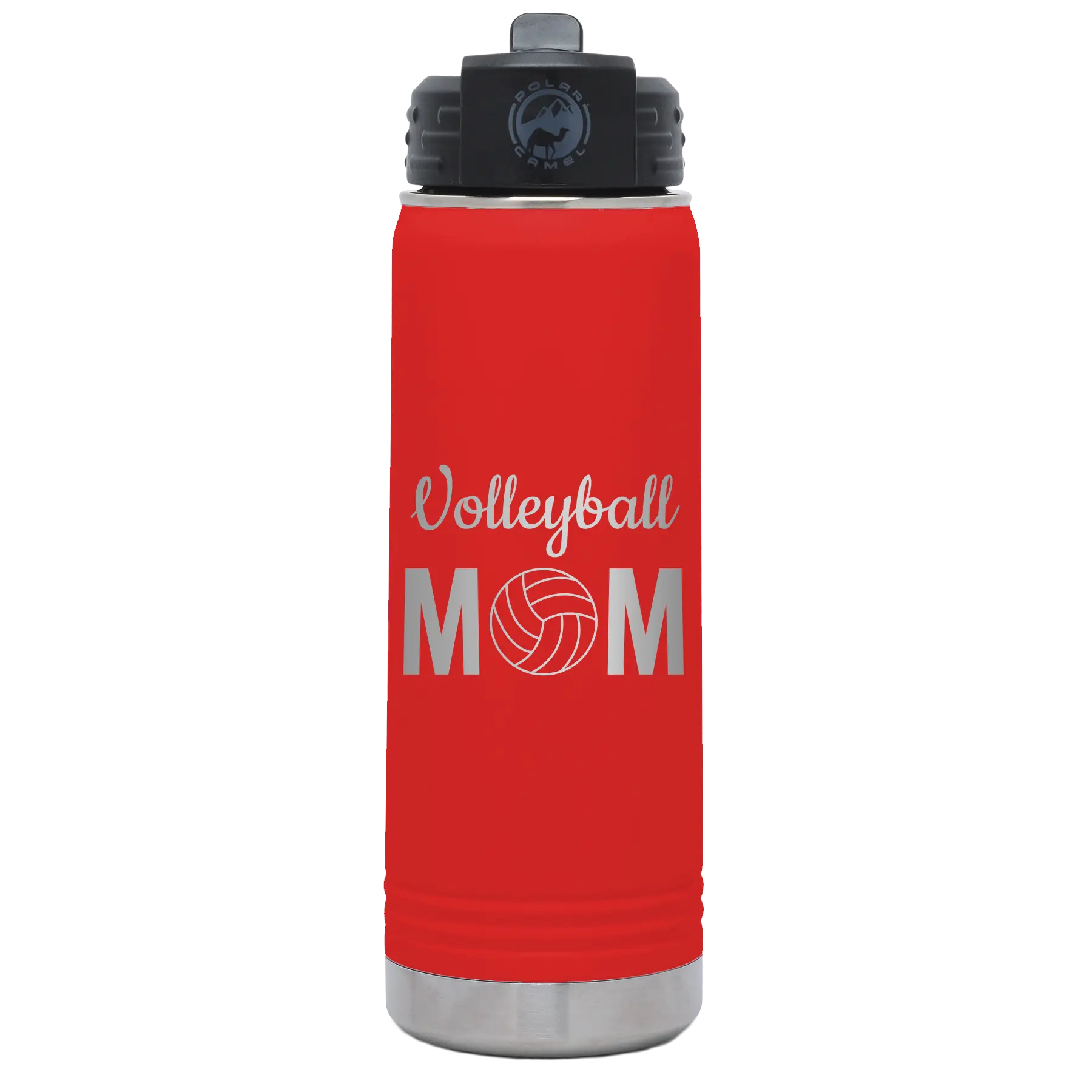 Laser etched red 20 oz vacuum insulated water bottle with 'Mom Volleyball2' design