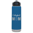 Laser etched royal blue 20 oz vacuum insulated water bottle with 'Mom Volleyball2' design