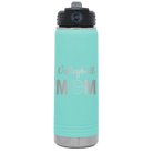 Laser etched teal 20 oz vacuum insulated water bottle with 'Mom Volleyball2' design