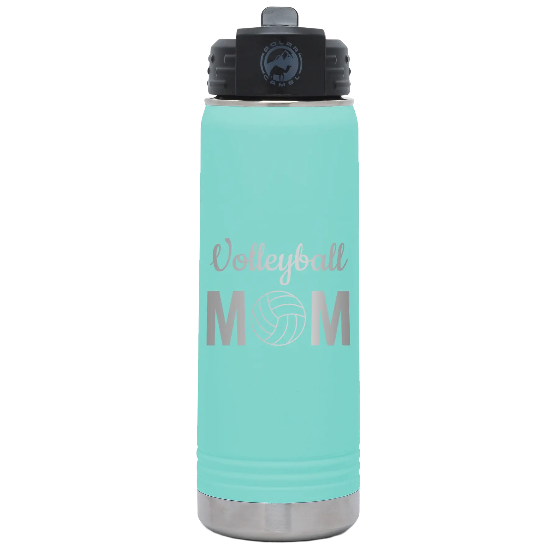 Laser etched teal 20 oz vacuum insulated water bottle with 'Mom Volleyball2' design