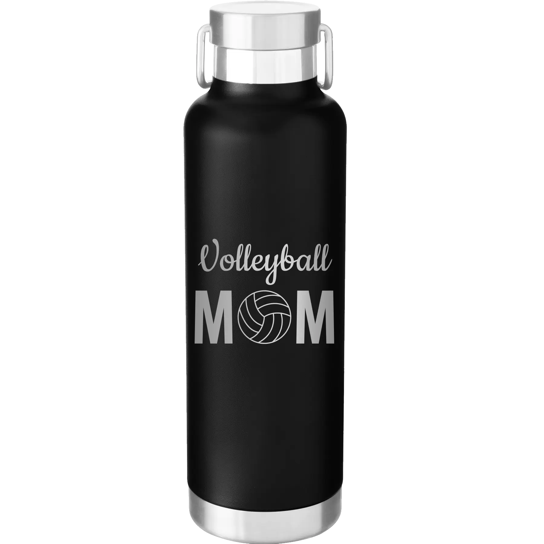 Laser etched black 24 oz vacuum insulated water bottle with 'Mom Volleyball2' design