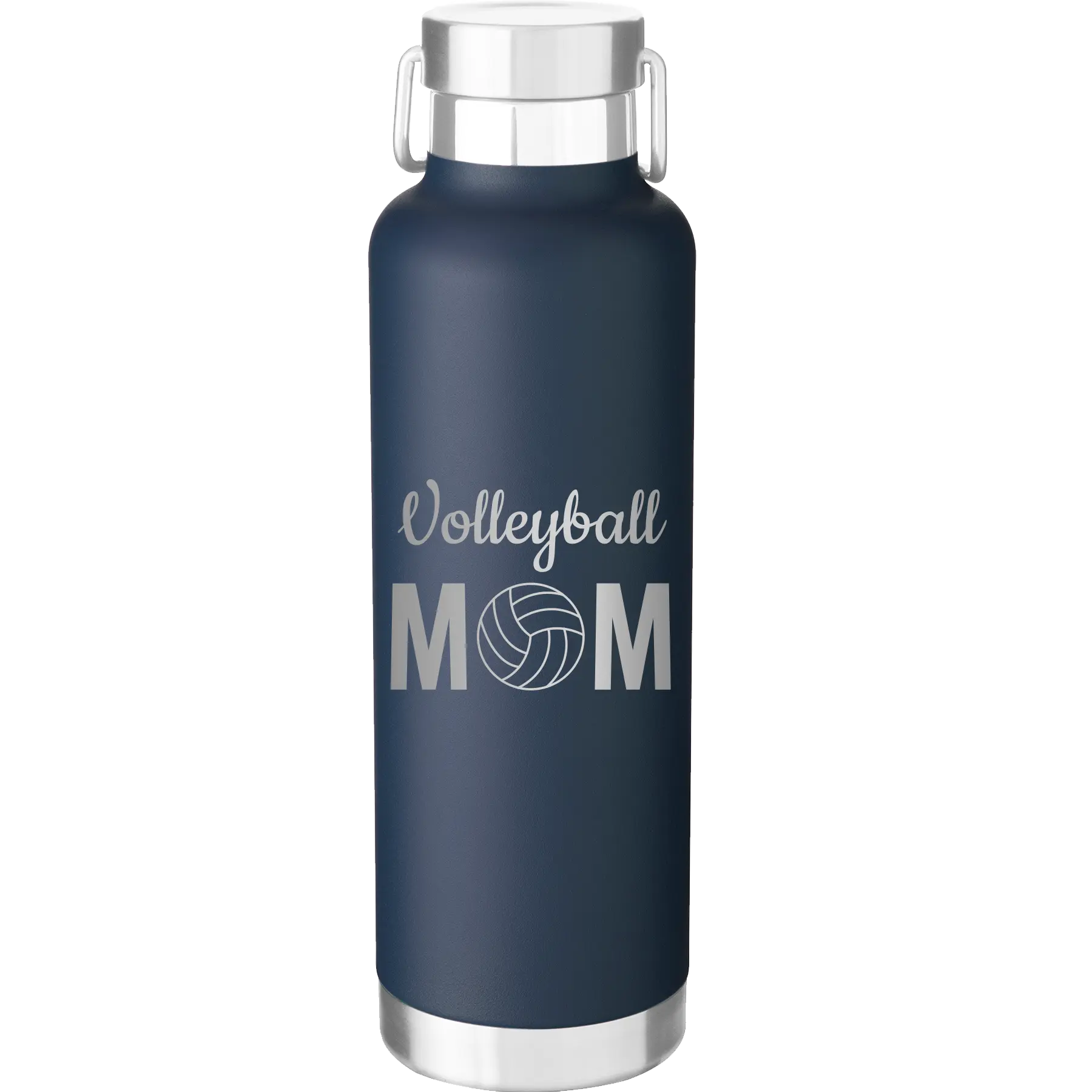 Laser etched navy 24 oz vacuum insulated water bottle with 'Mom Volleyball2' design
