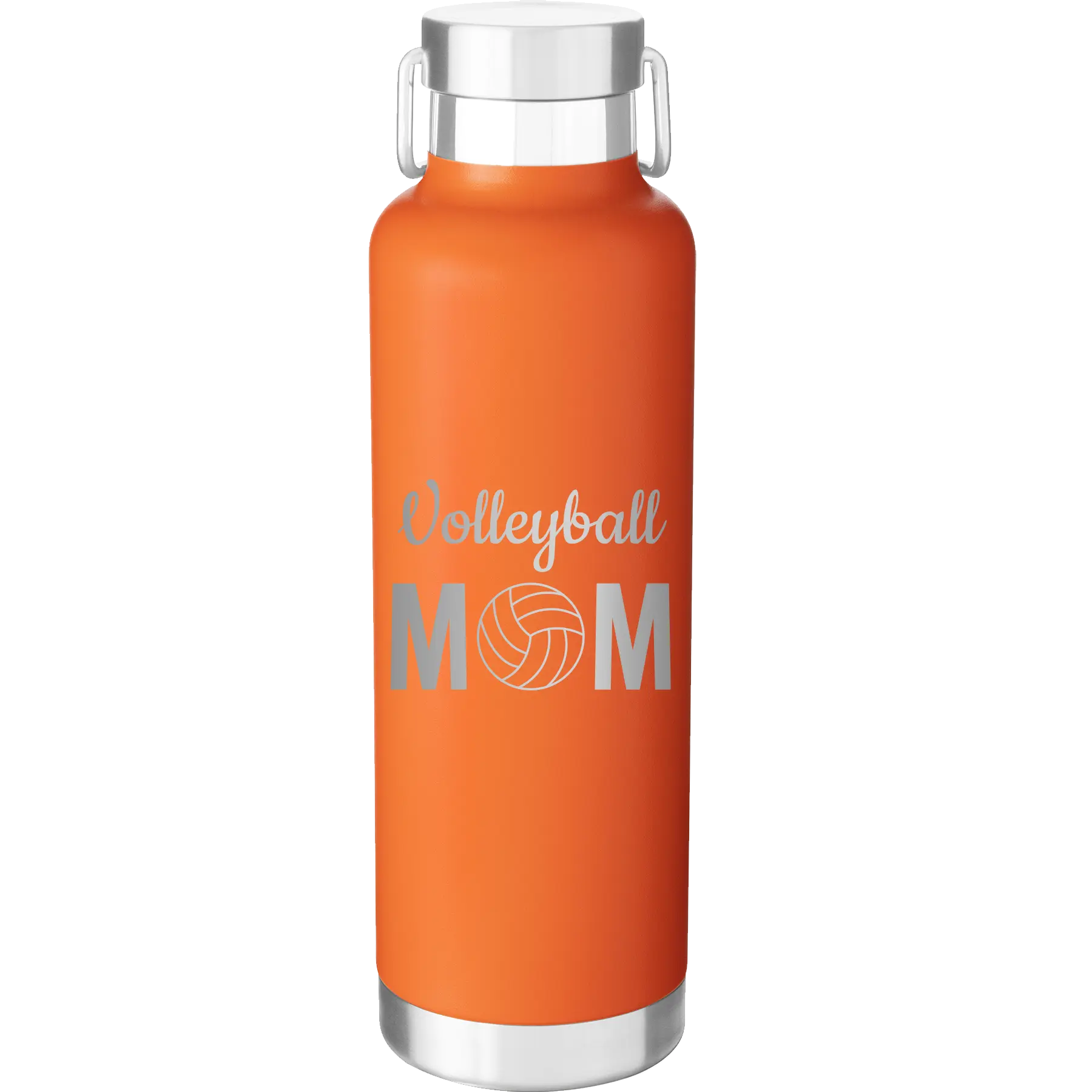 Laser etched orange 24 oz vacuum insulated water bottle with 'Mom Volleyball2' design