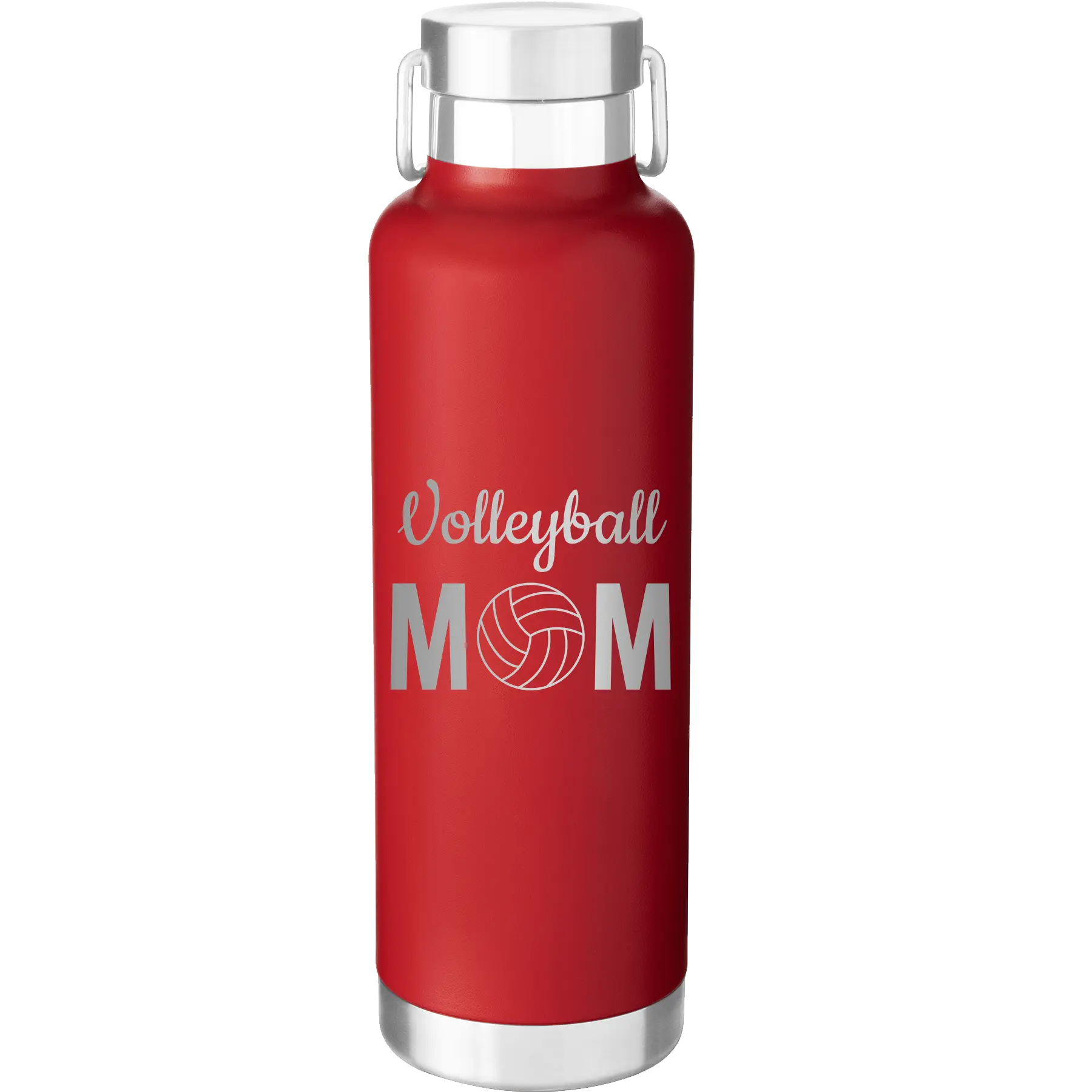 Laser etched red 24 oz vacuum insulated water bottle with 'Mom Volleyball2' design