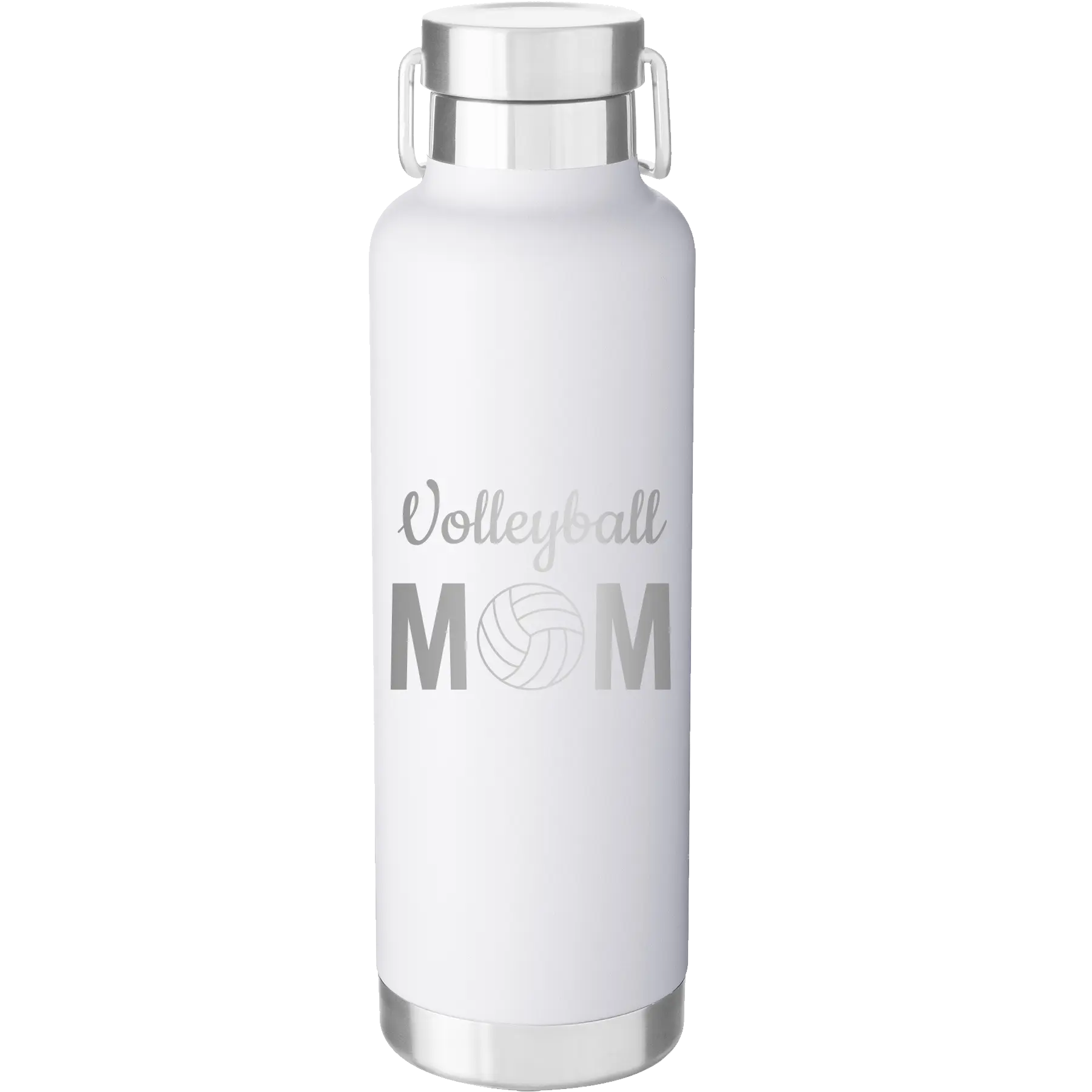Laser etched white 24 oz vacuum insulated water bottle with 'Mom Volleyball2' design