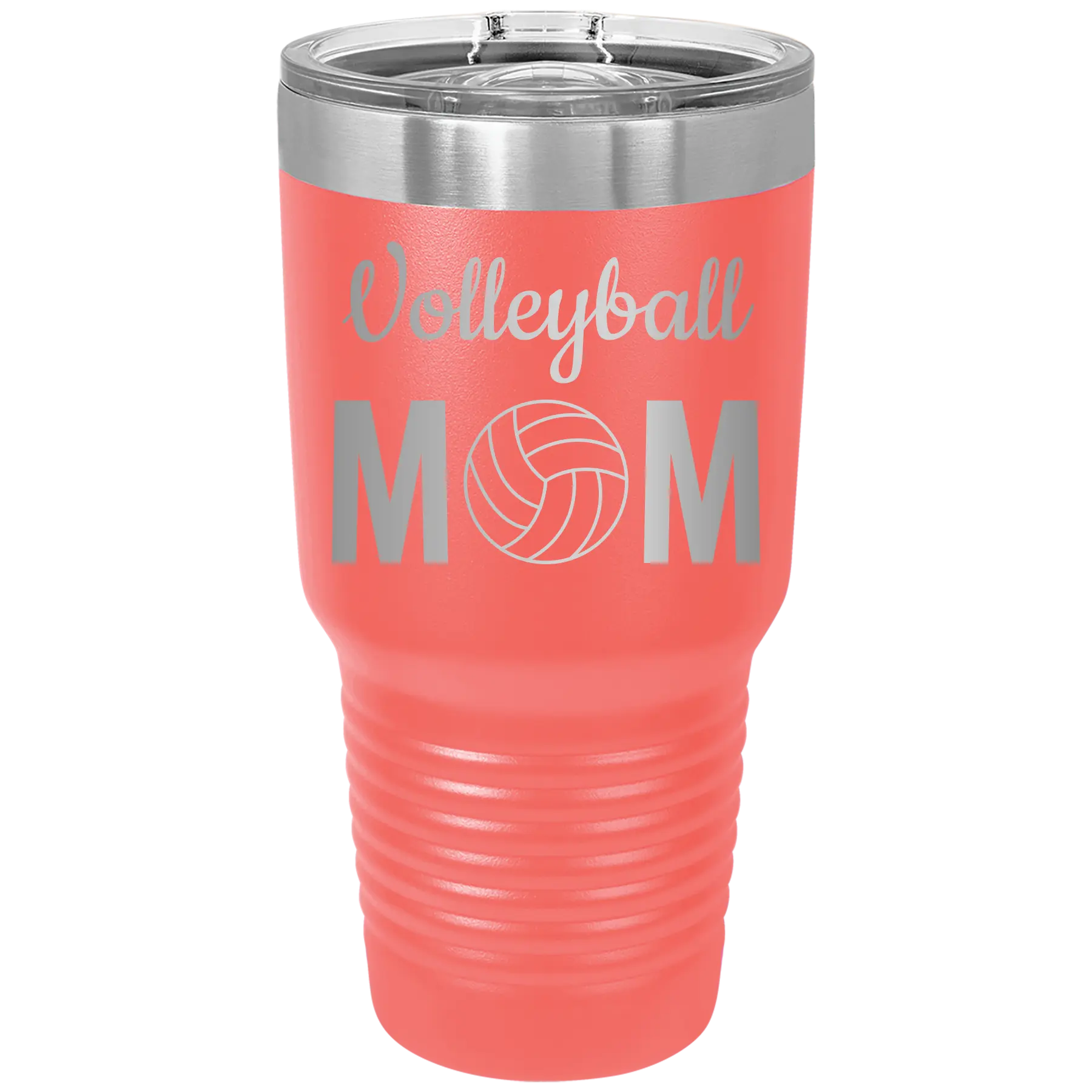 Laser etched coral 30 oz vacuum insulated tumbler with 'Mom Volleyball2' design