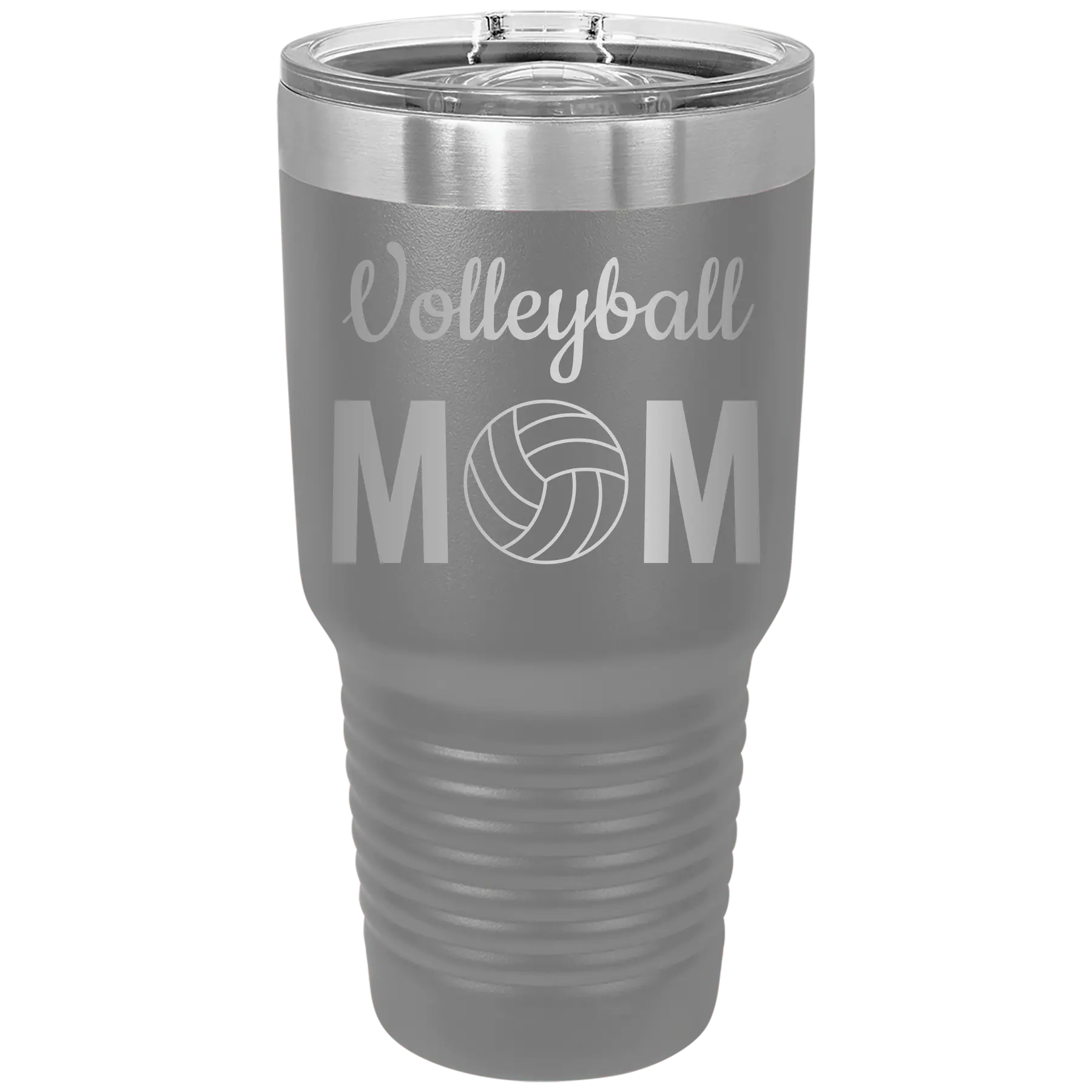 Laser etched dark gray 30 oz vacuum insulated tumbler with 'Mom Volleyball2' design