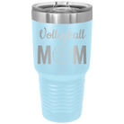 Laser etched light blue 30 oz vacuum insulated tumbler with 'Mom Volleyball2' design