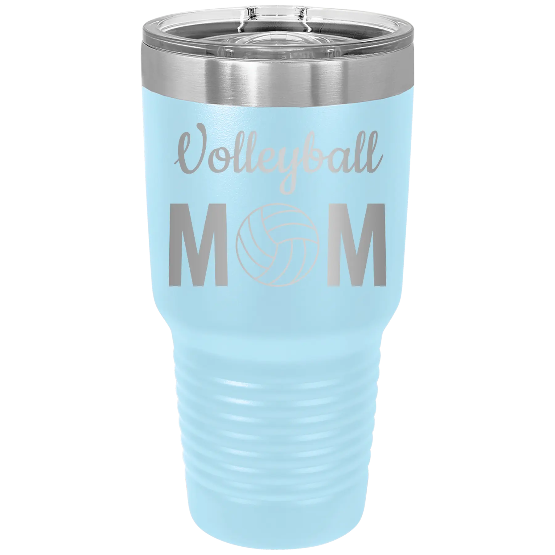 Laser etched light blue 30 oz vacuum insulated tumbler with 'Mom Volleyball2' design