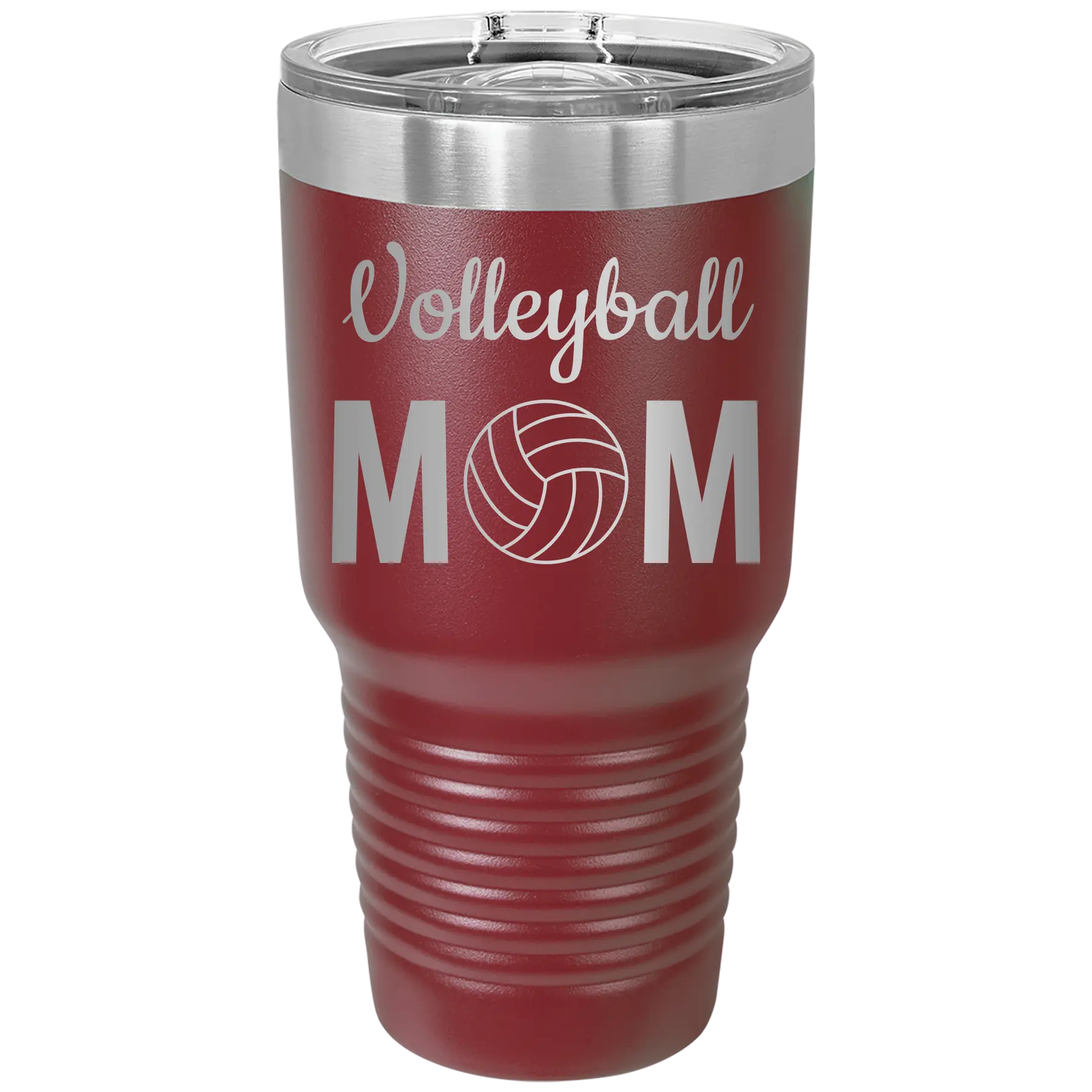 Laser etched maroon 30 oz vacuum insulated tumbler with 'Mom Volleyball2' design