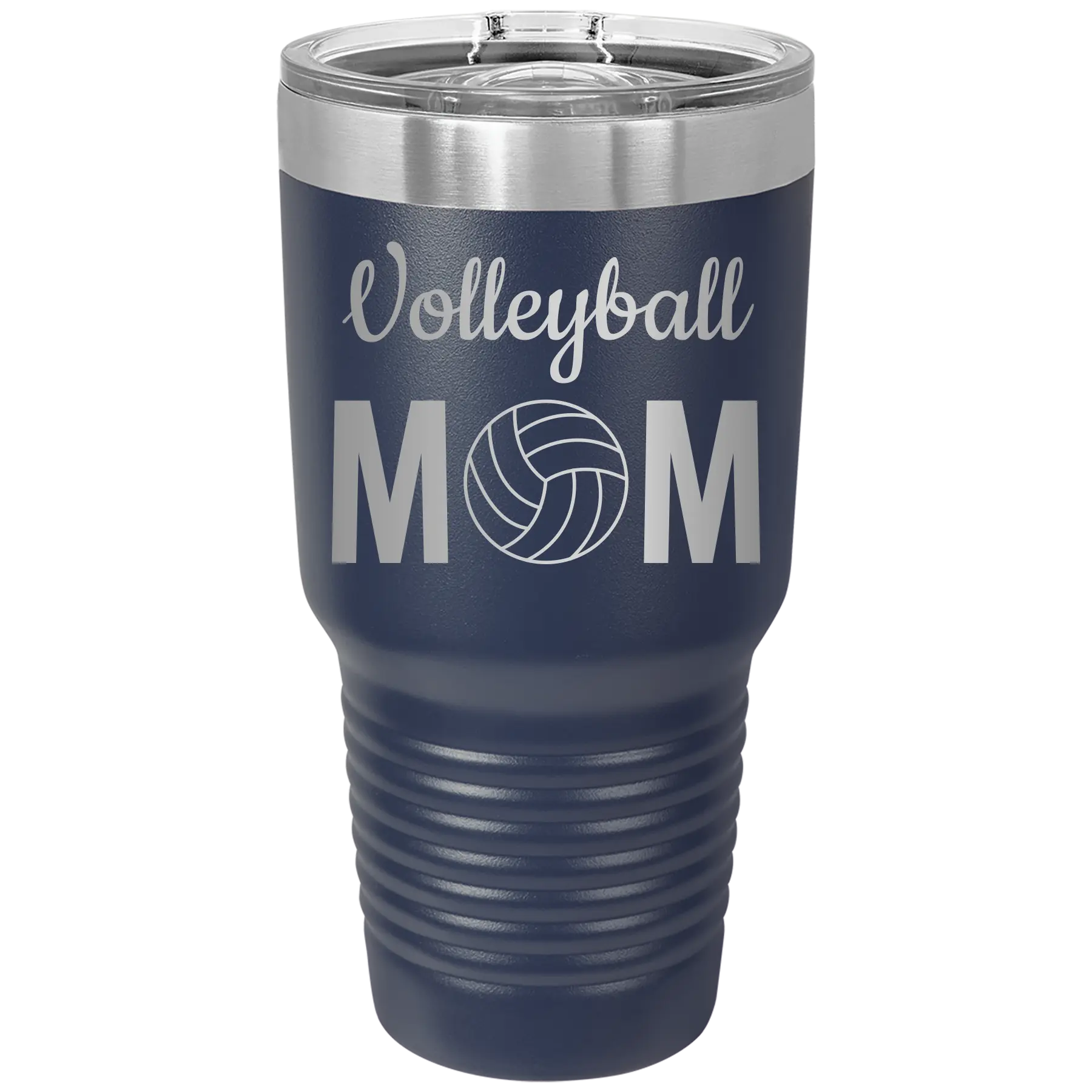 Laser etched navy 30 oz vacuum insulated tumbler with 'Mom Volleyball2' design