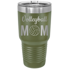 Laser etched olive green 30 oz vacuum insulated tumbler with 'Mom Volleyball2' design