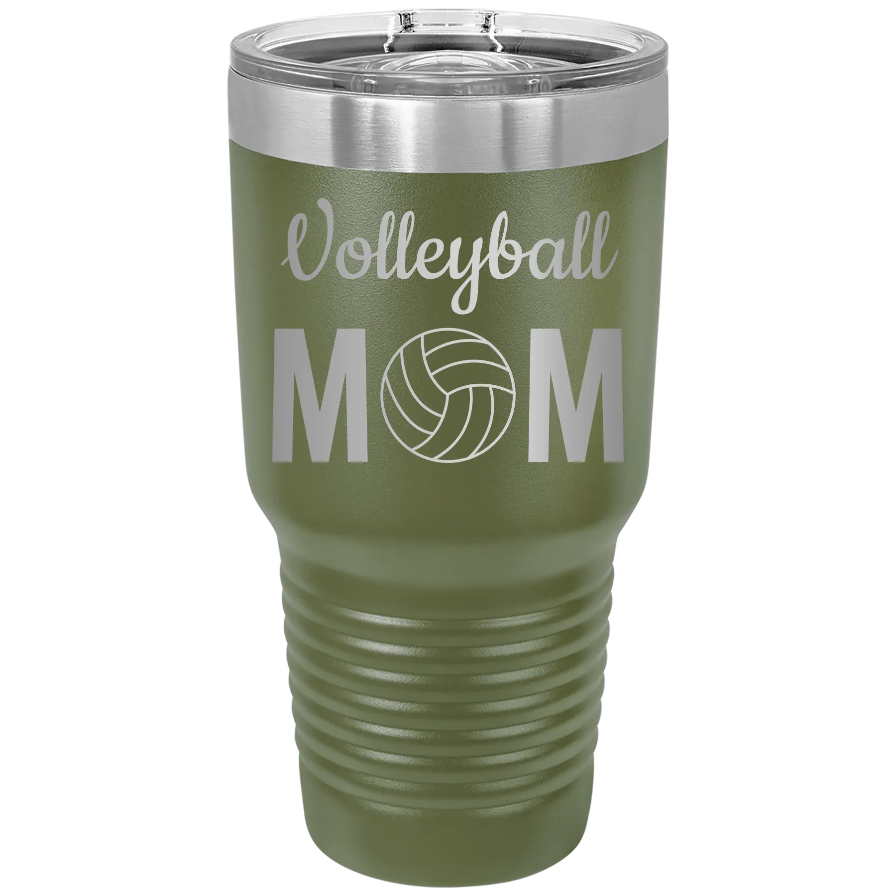 Laser etched olive green 30 oz vacuum insulated tumbler with 'Mom Volleyball2' design