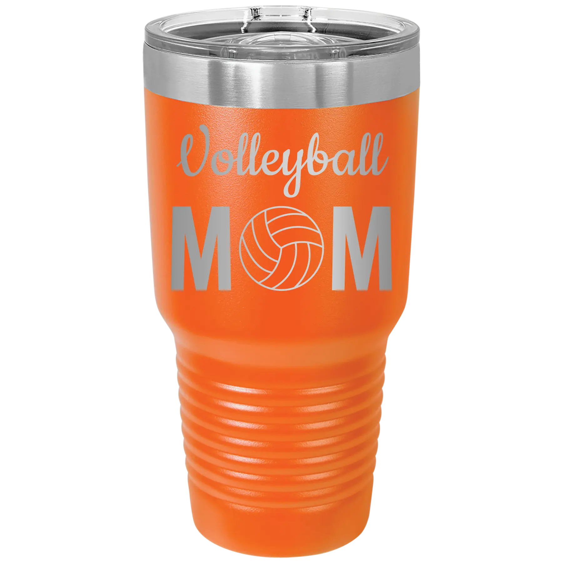 Laser etched orange 30 oz vacuum insulated tumbler with 'Mom Volleyball2' design