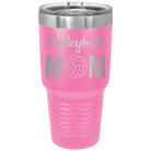 Laser etched pink 30 oz vacuum insulated tumbler with 'Mom Volleyball2' design