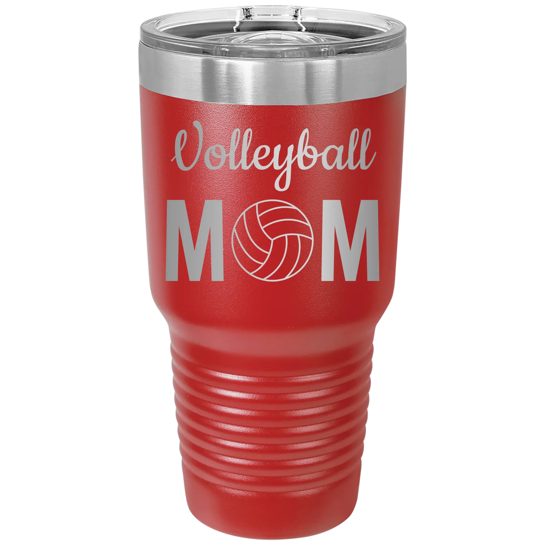 Laser etched red 30 oz vacuum insulated tumbler with 'Mom Volleyball2' design