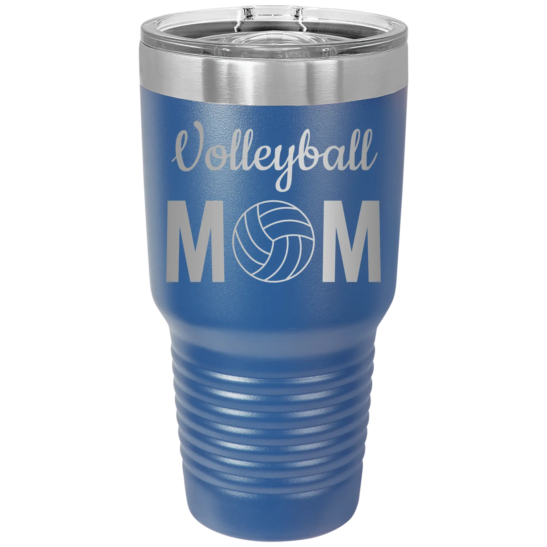 Laser etched royal blue 30 oz vacuum insulated tumbler with 'Mom Volleyball2' design
