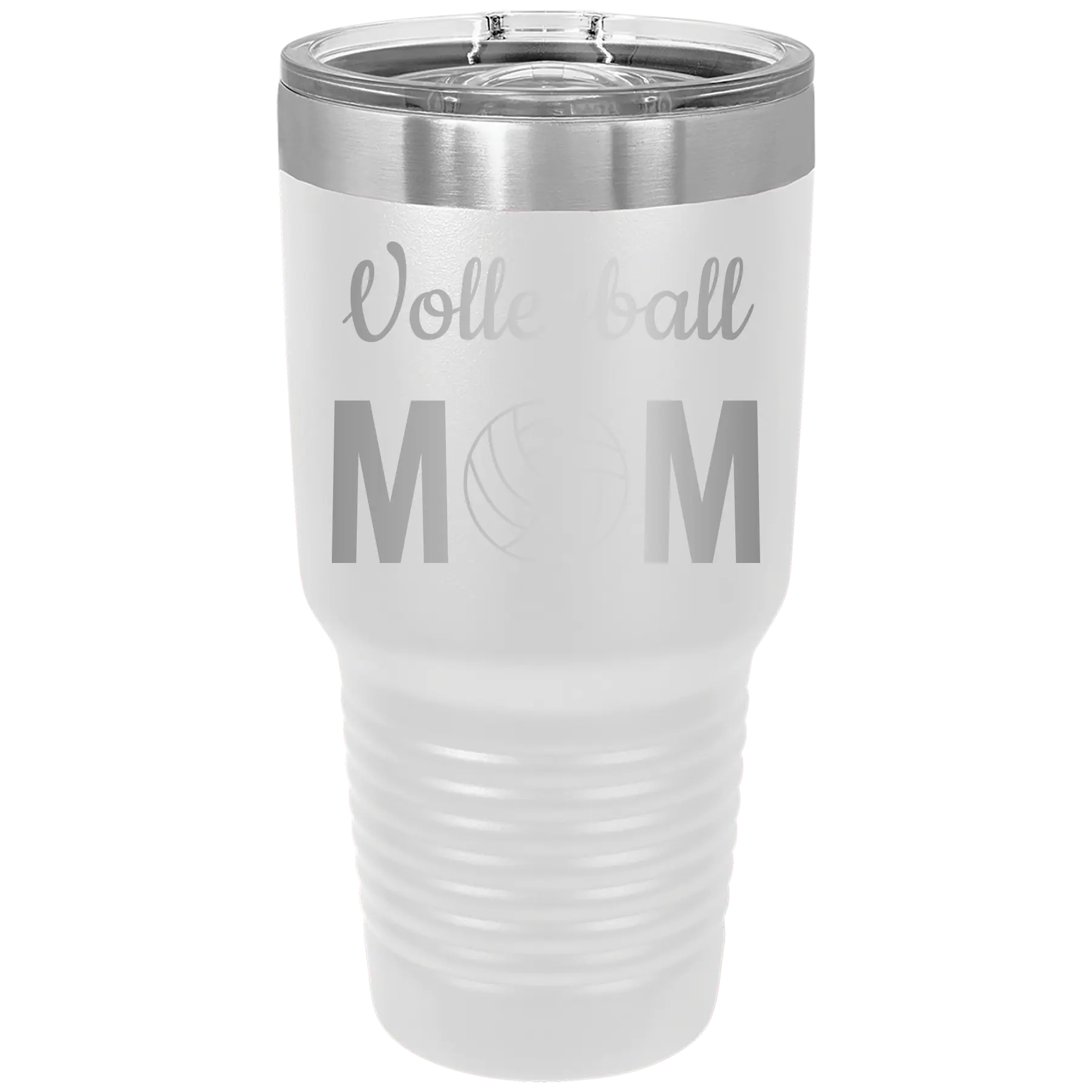 Laser etched white 30 oz vacuum insulated tumbler with 'Mom Volleyball2' design