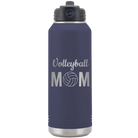 Laser etched navy 32 oz vacuum insulated water bottle with 'Mom Volleyball2' design