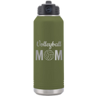 Laser etched olive green 32 oz vacuum insulated water bottle with 'Mom Volleyball2' design