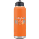Laser etched orange 32 oz vacuum insulated water bottle with 'Mom Volleyball2' design
