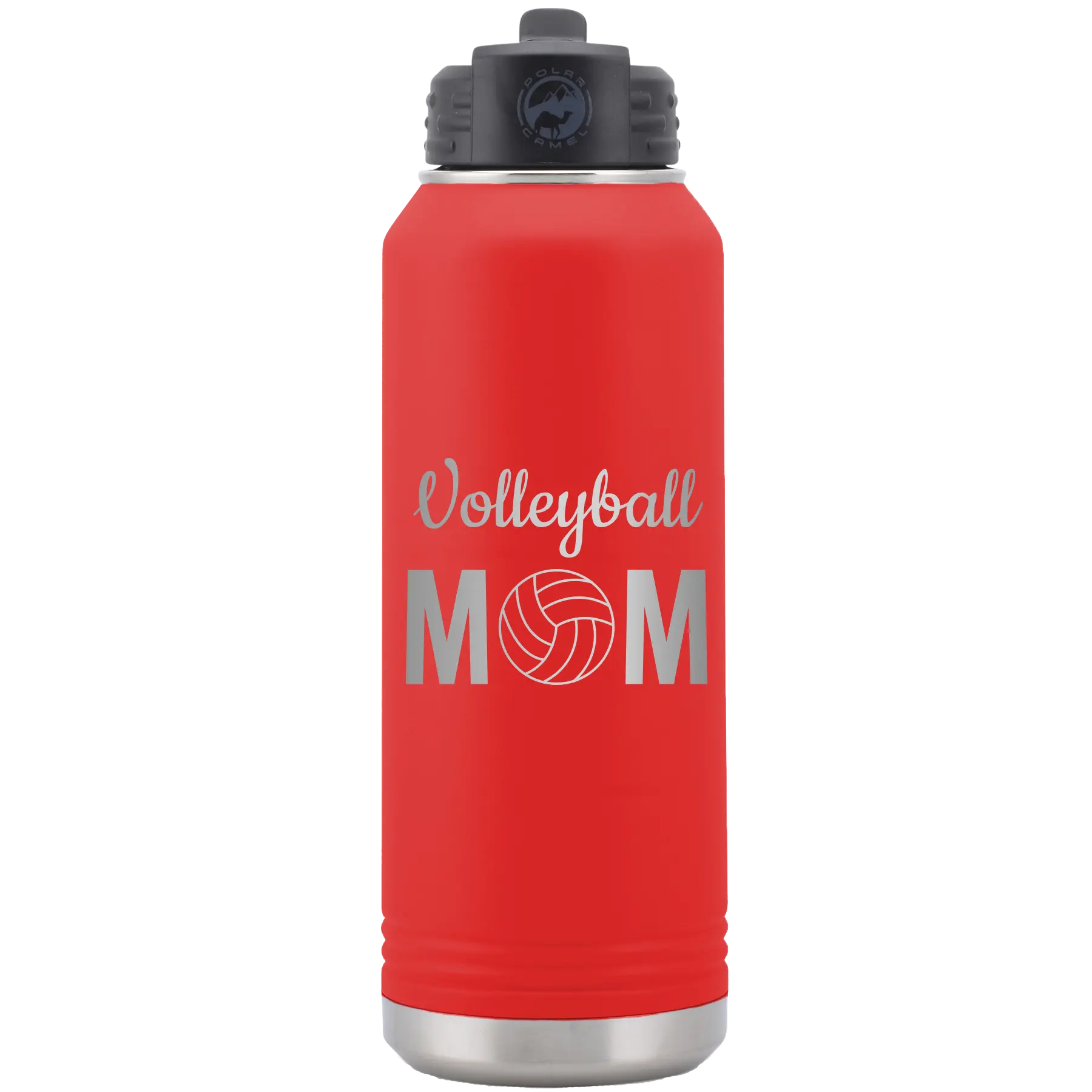 Laser etched red 32 oz vacuum insulated water bottle with 'Mom Volleyball2' design